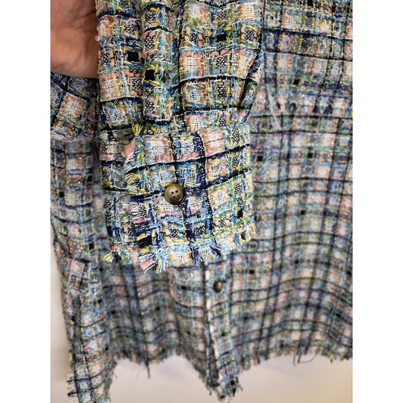 mnml Raw Edge Flannel Shirt Jacket Blue White Plaid Tweed Frayed Hem Men's L - Picture 4 of 8